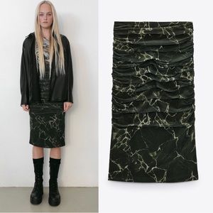 Zara Green draped Tulle ruched tie-dye midi skirt Sz S